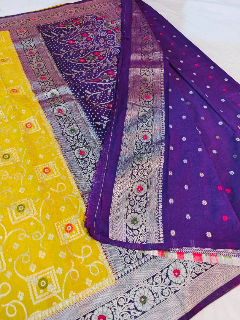 Elegant Yellow Khaddi Georgette Banarasi Saree with Rich Purple Pallu
