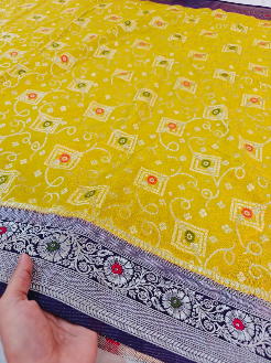 Elegant Yellow Khaddi Georgette Banarasi Saree with Rich Purple Pallu