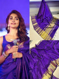 Royal Blue Semi Katan Silk Banarasi Saree with Golden Zari Border | Elegant Wedding Saree