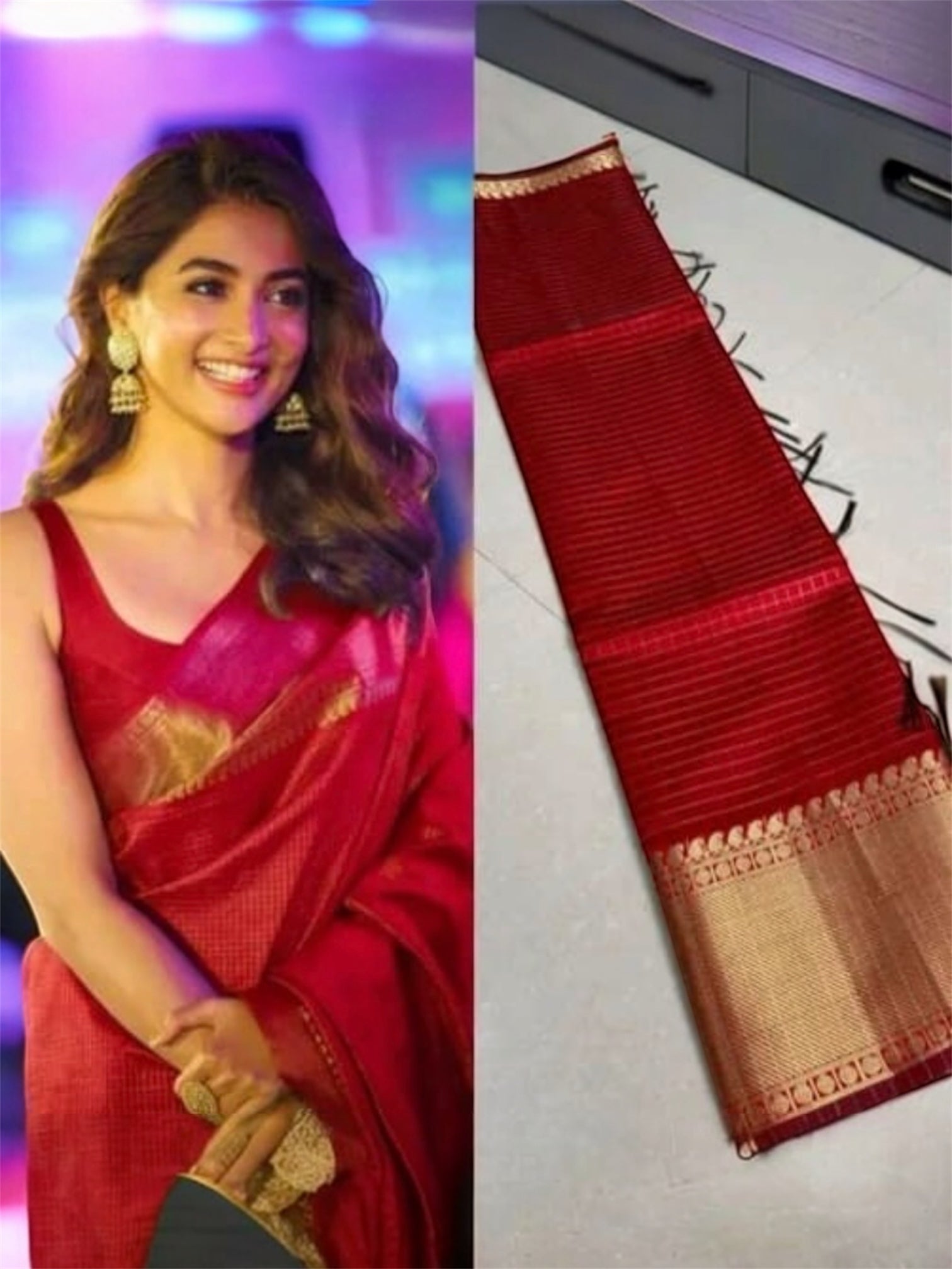 Elegant Red Semi Katan Silk Banarasi Saree with Rich Golden Zari Border | Bridal & Festive Wear