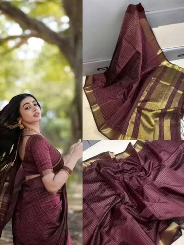 Elegant Maroon Semi Katan Silk Banarasi Saree with Subtle Check Weaving & Golden Border