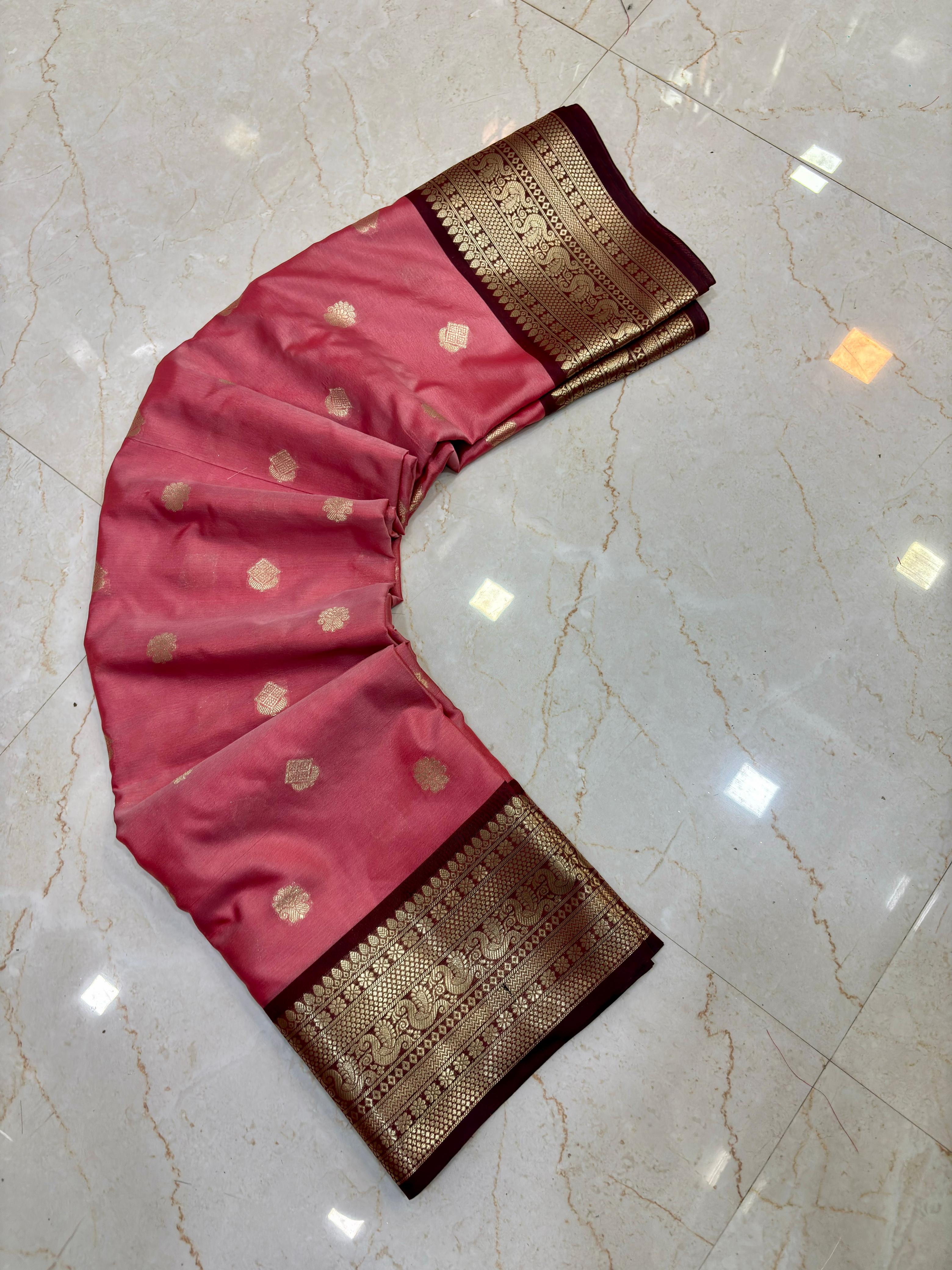 THE ELEGANT ROSE PINK BANARASI KATAN SILK SAREE