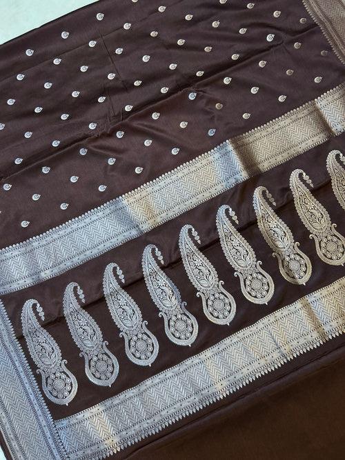 Royal Chocolate Brown Mashroo Katan Banarasi Silk Saree