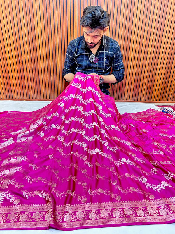 Elegant Royal Rani Pink Mashroo Katan Banarasi Silk Saree