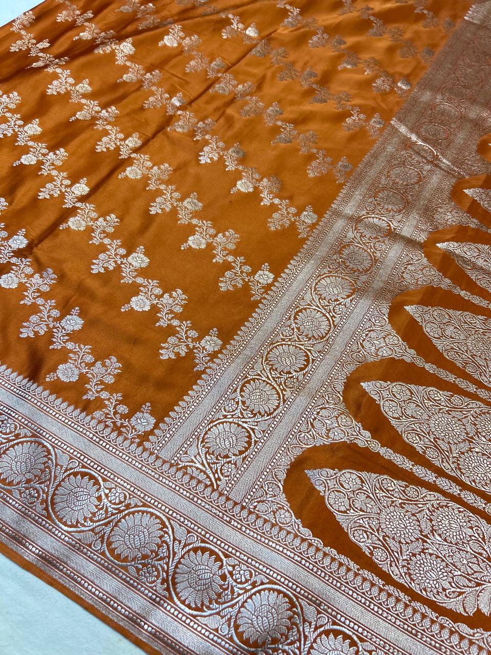 Elegant Mustard Orange Mashroo Katan Banarasi Silk Saree