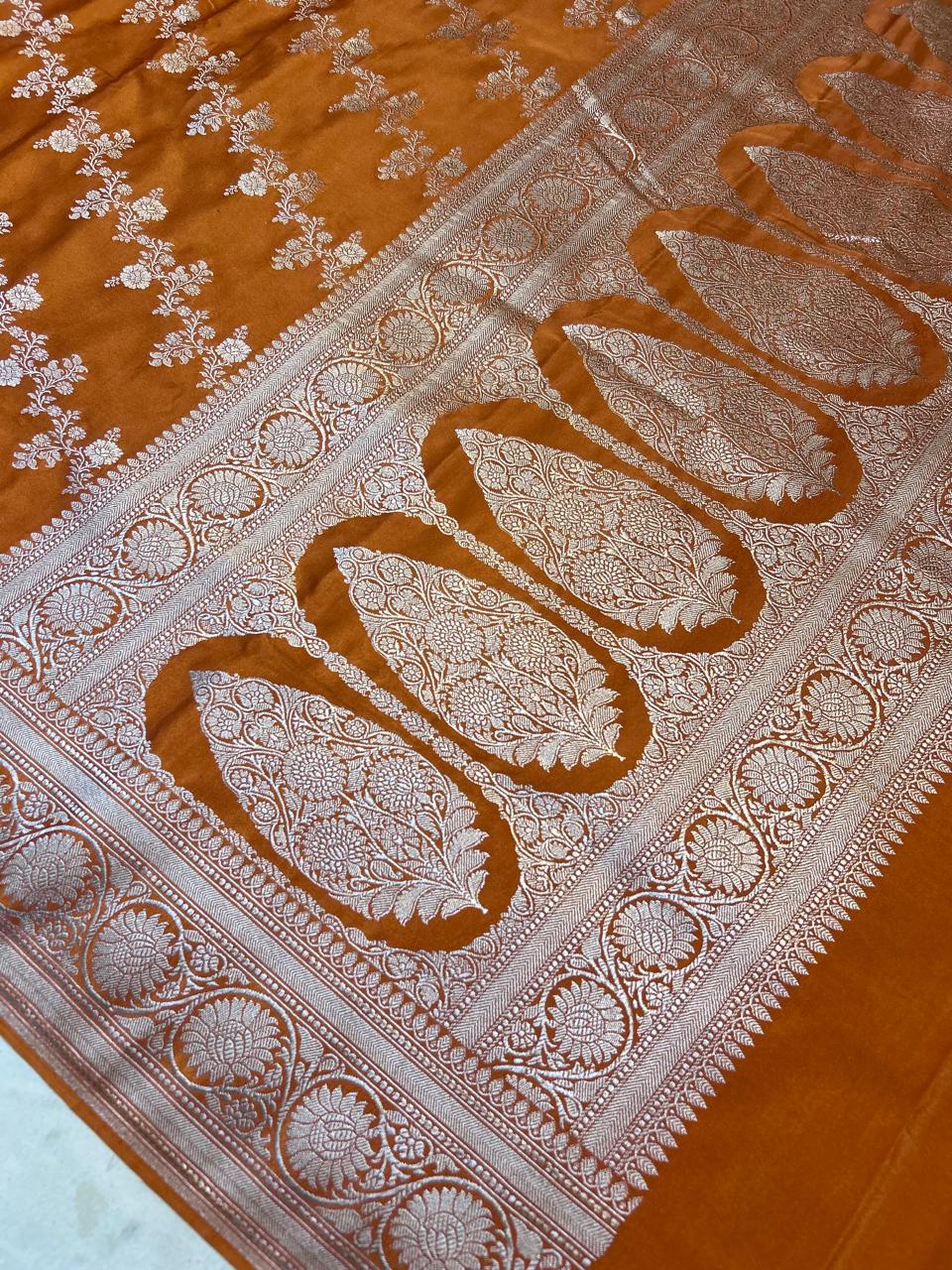Elegant Mustard Orange Mashroo Katan Banarasi Silk Saree