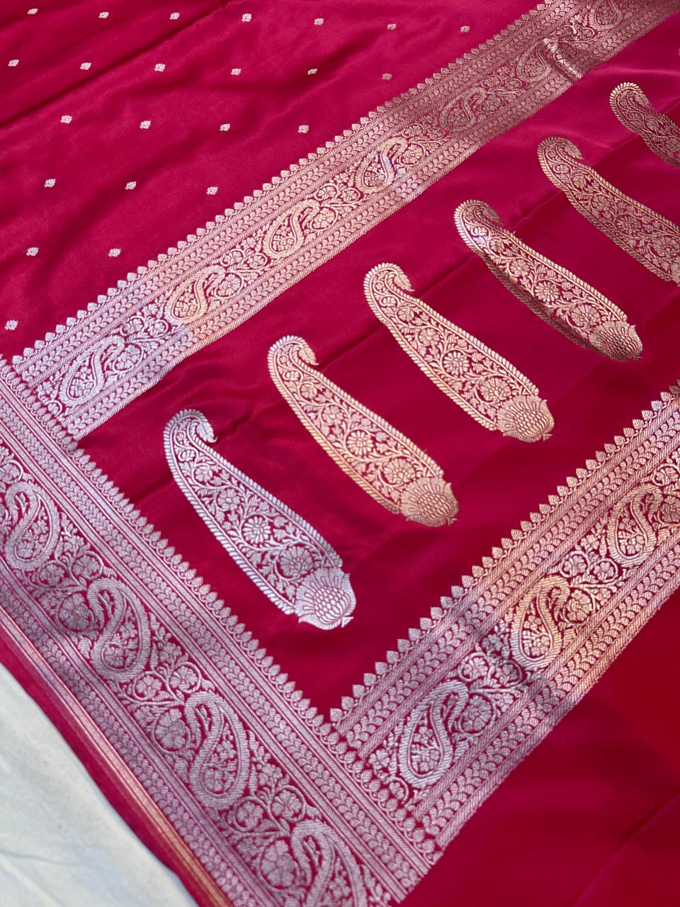 Elegant Ruby Red Mashroo Katan Banarasi Silk Saree