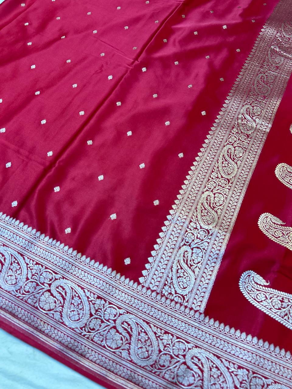 Elegant Ruby Red Mashroo Katan Banarasi Silk Saree