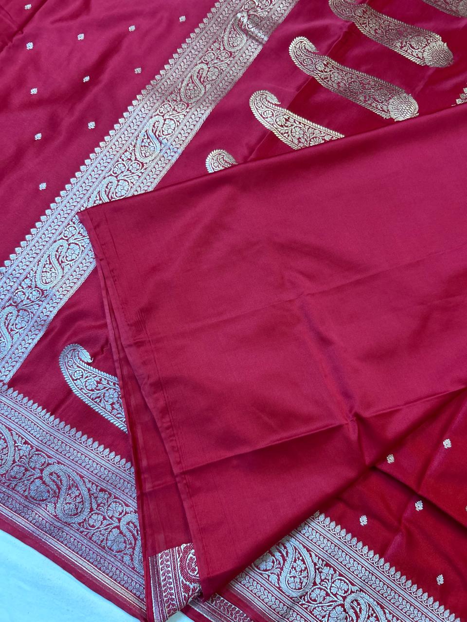 Elegant Ruby Red Mashroo Katan Banarasi Silk Saree
