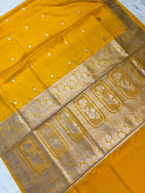 Luxurious Mustard Yellow Mashroo Katan Banarasi Silk Saree