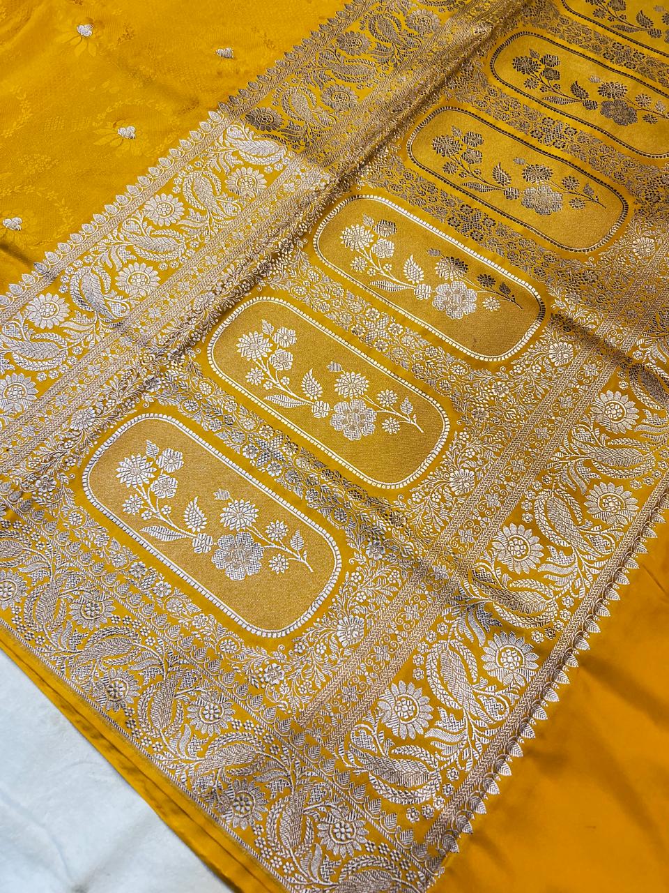 Luxurious Mustard Yellow Mashroo Katan Banarasi Silk Saree
