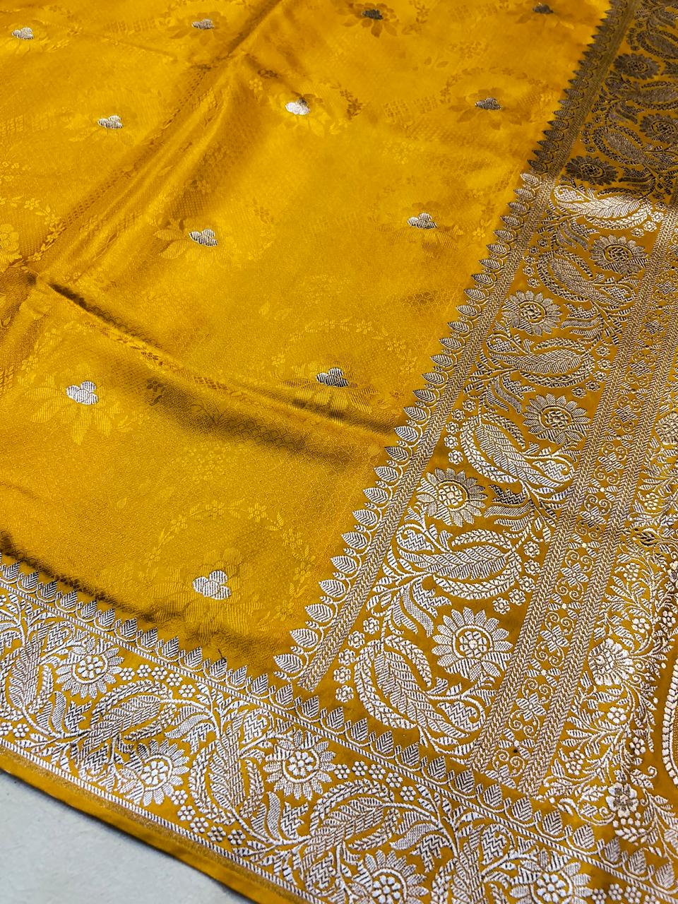 Luxurious Mustard Yellow Mashroo Katan Banarasi Silk Saree
