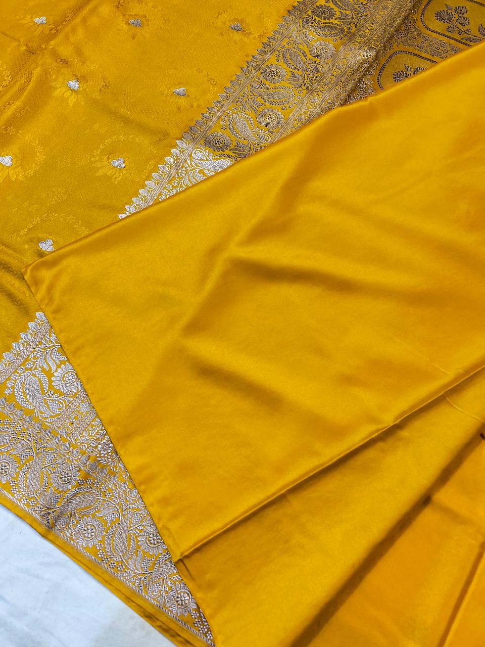 Luxurious Mustard Yellow Mashroo Katan Banarasi Silk Saree