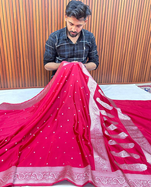 Elegant Ruby Red Mashroo Katan Banarasi Silk Saree
