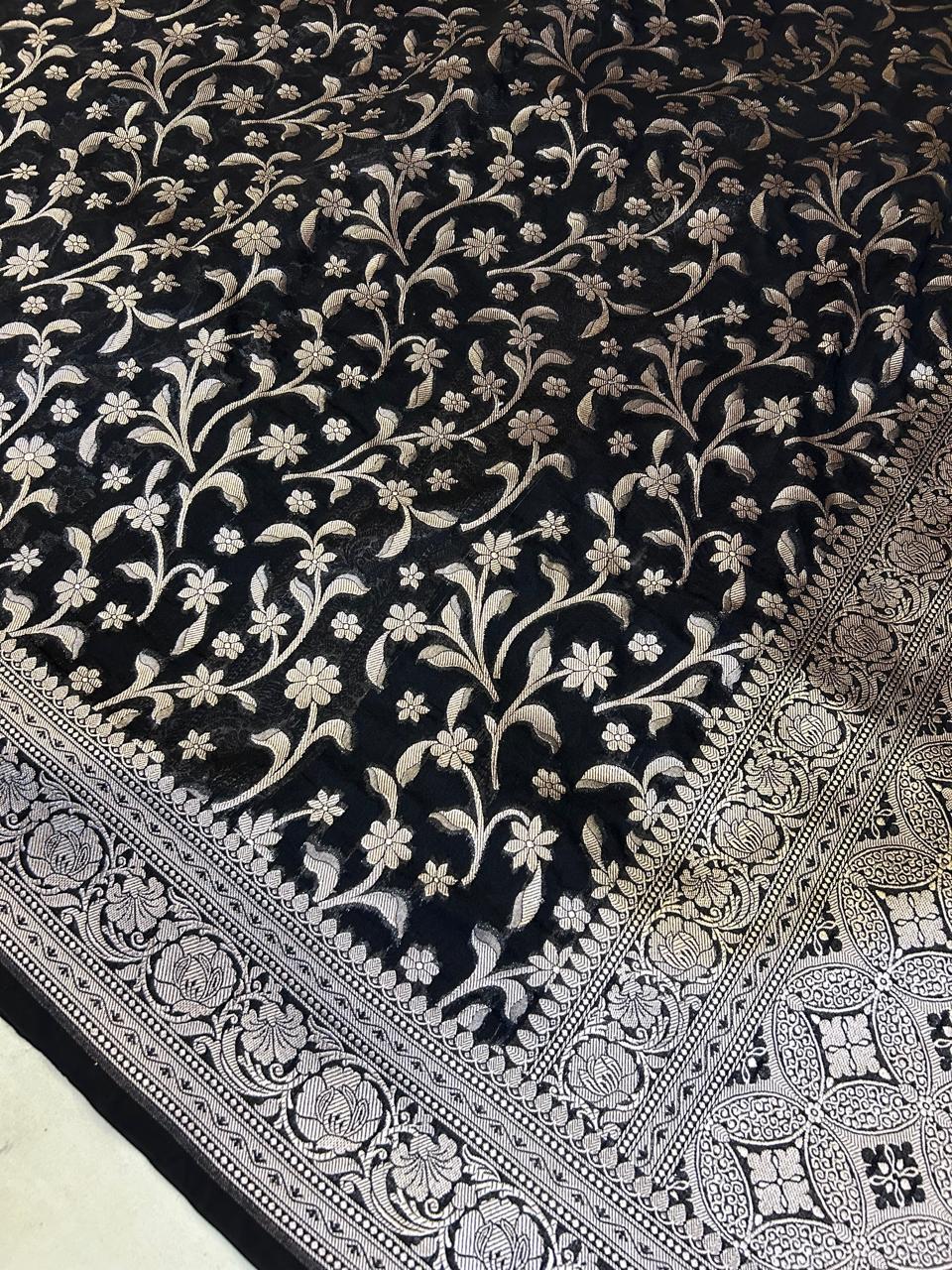 THE ROYAL NAVY BLUE BANARASI KHADDI GEORGETTE SILK SAREE