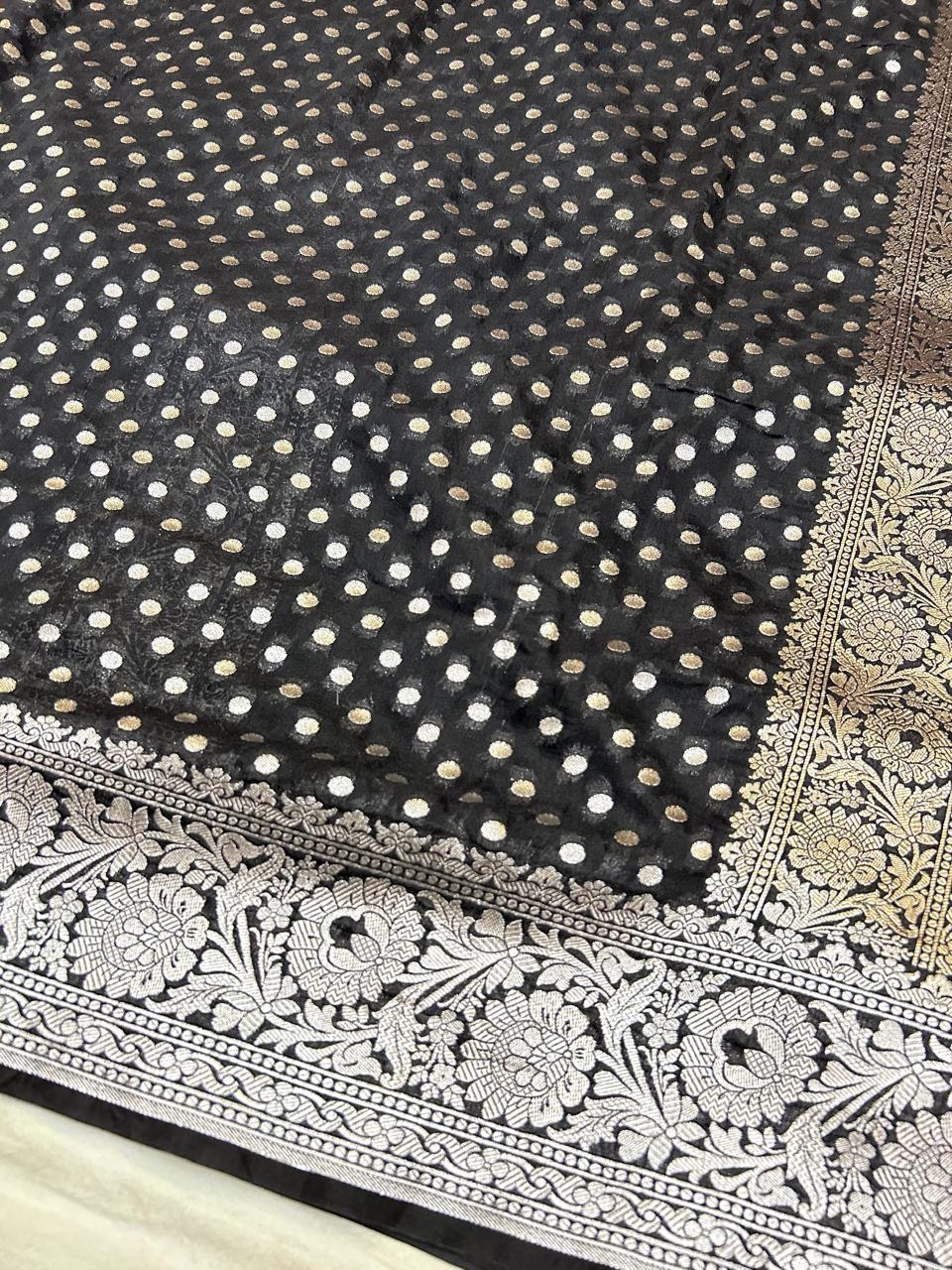 THE ELEGANT BLACK BUTIDAR BANARASI KHADDI GEORGETTE SAREE