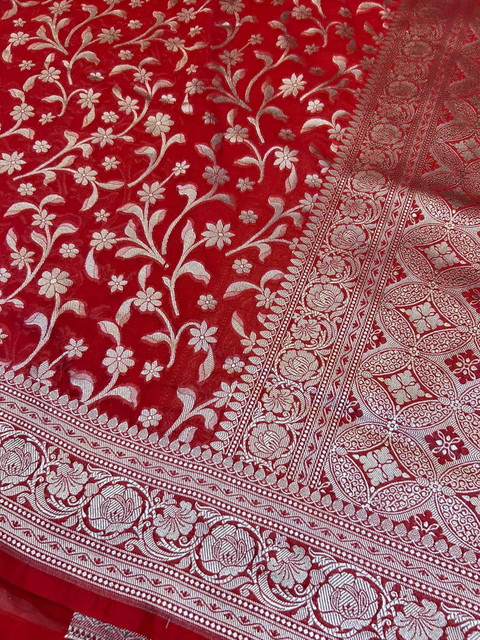 Premium Red Banarasi Khaddi Georgette Saree