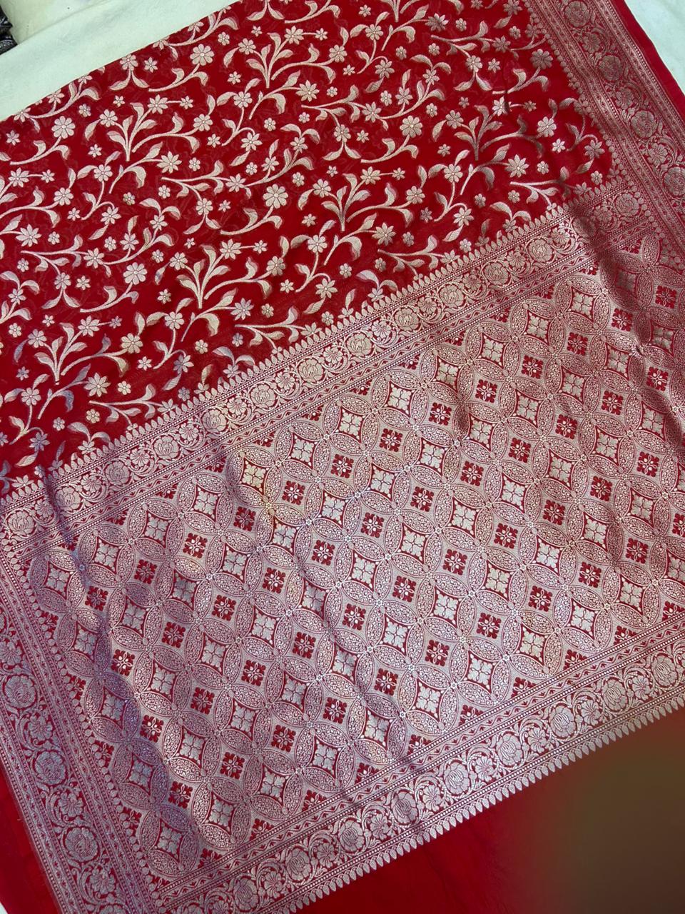 Premium Red Banarasi Khaddi Georgette Saree