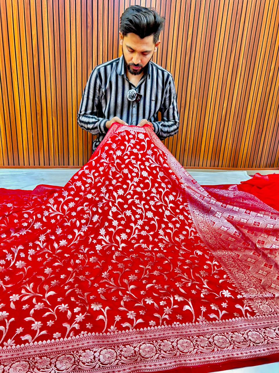 Premium Red Banarasi Khaddi Georgette Saree