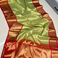Mesmerizing Golden-Green Banarasi Tissue Saree with Royal Copper-Red Border