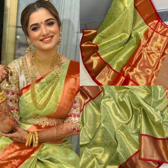 Mesmerizing Golden-Green Banarasi Tissue Saree with Royal Copper-Red Border