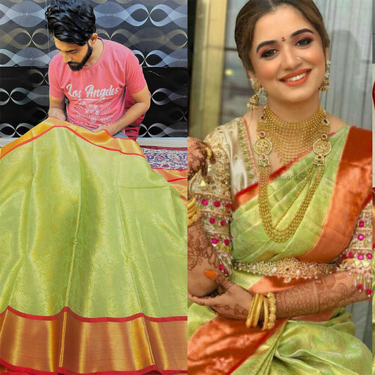 Mesmerizing Golden-Green Banarasi Tissue Saree with Royal Copper-Red Border