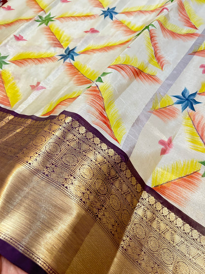 Premium Hand-Brushed Banarasi Tissue Saree in Ivory & Gold