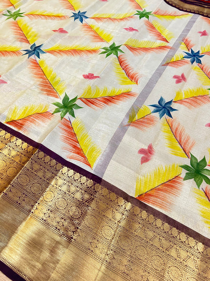 Premium Hand-Brushed Banarasi Tissue Saree in Ivory & Gold