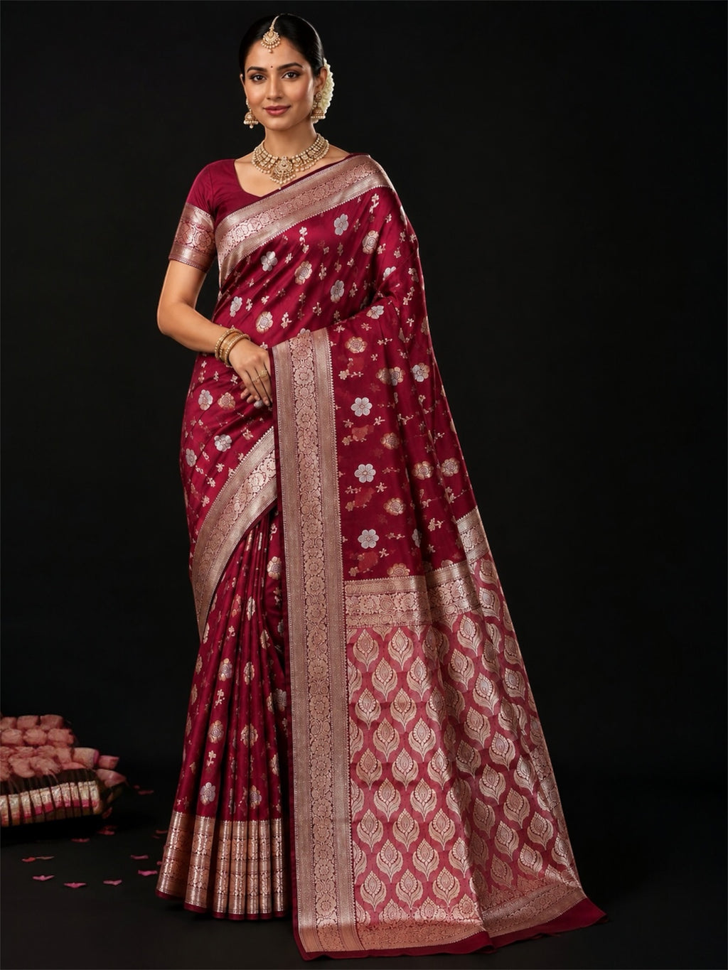Elegant Royal Maroon Banarasi Designer Mashru Silk Saree
