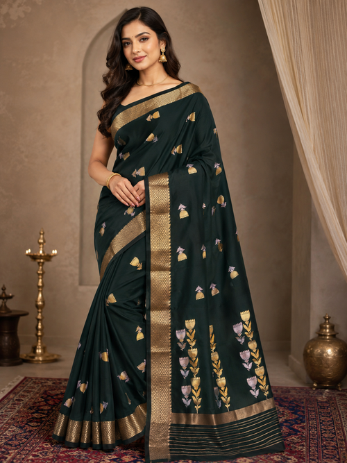 THE ELEGANT DARK GREEN KATAN SILK SAREE