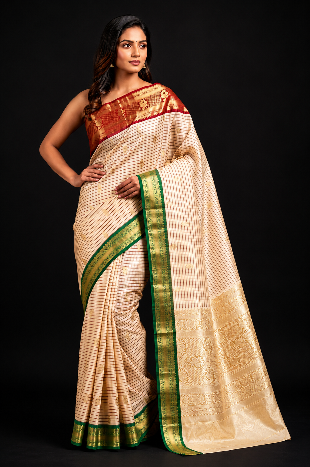 THE ELEGANT OFF WHITE CHECKS BANARASI KATAN SILK SAREE WITH RICH RED ZARI BORDER