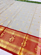 THE ELEGANT OFF WHITE CHECKS BANARASI KATAN SILK SAREE WITH RICH RED ZARI BORDER