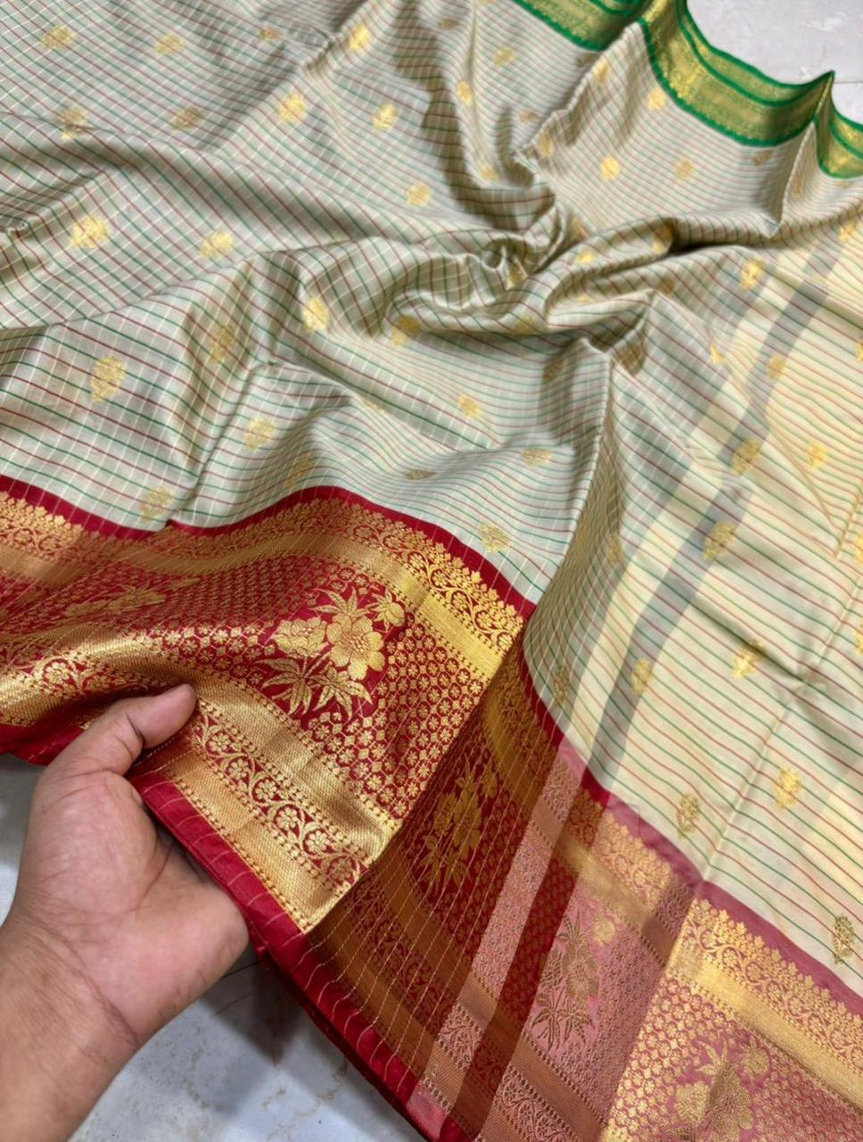 THE ELEGANT OFF WHITE CHECKS BANARASI KATAN SILK SAREE WITH RICH RED ZARI BORDER