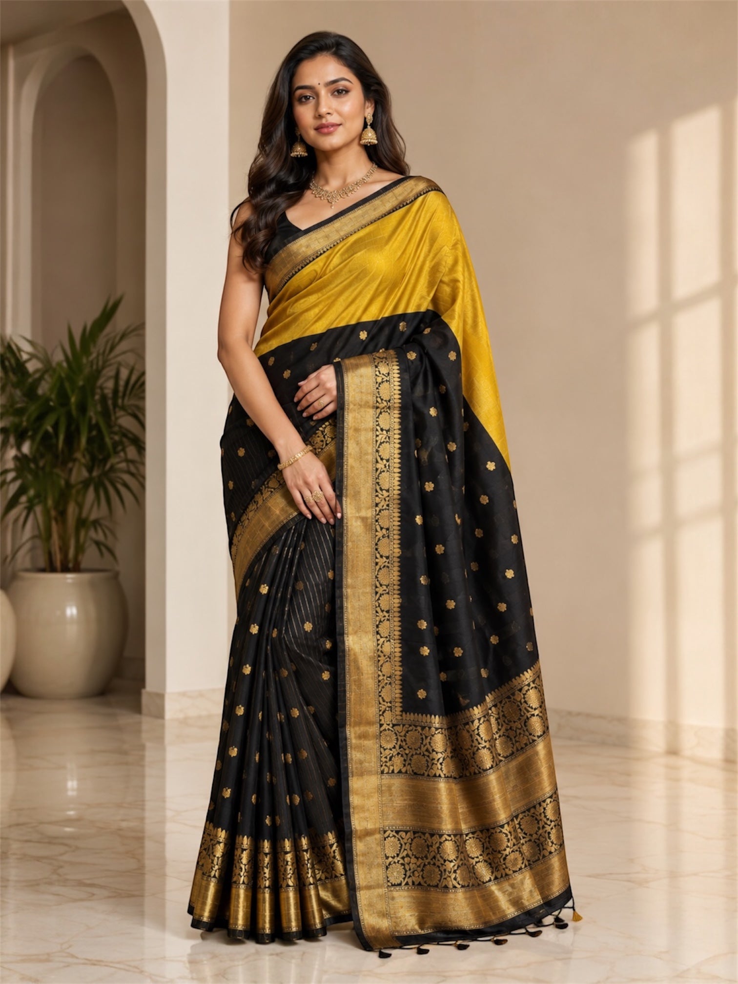 THE ELEGANT BLACK & MUSTARD BANARASI KATAN SILK SAREE