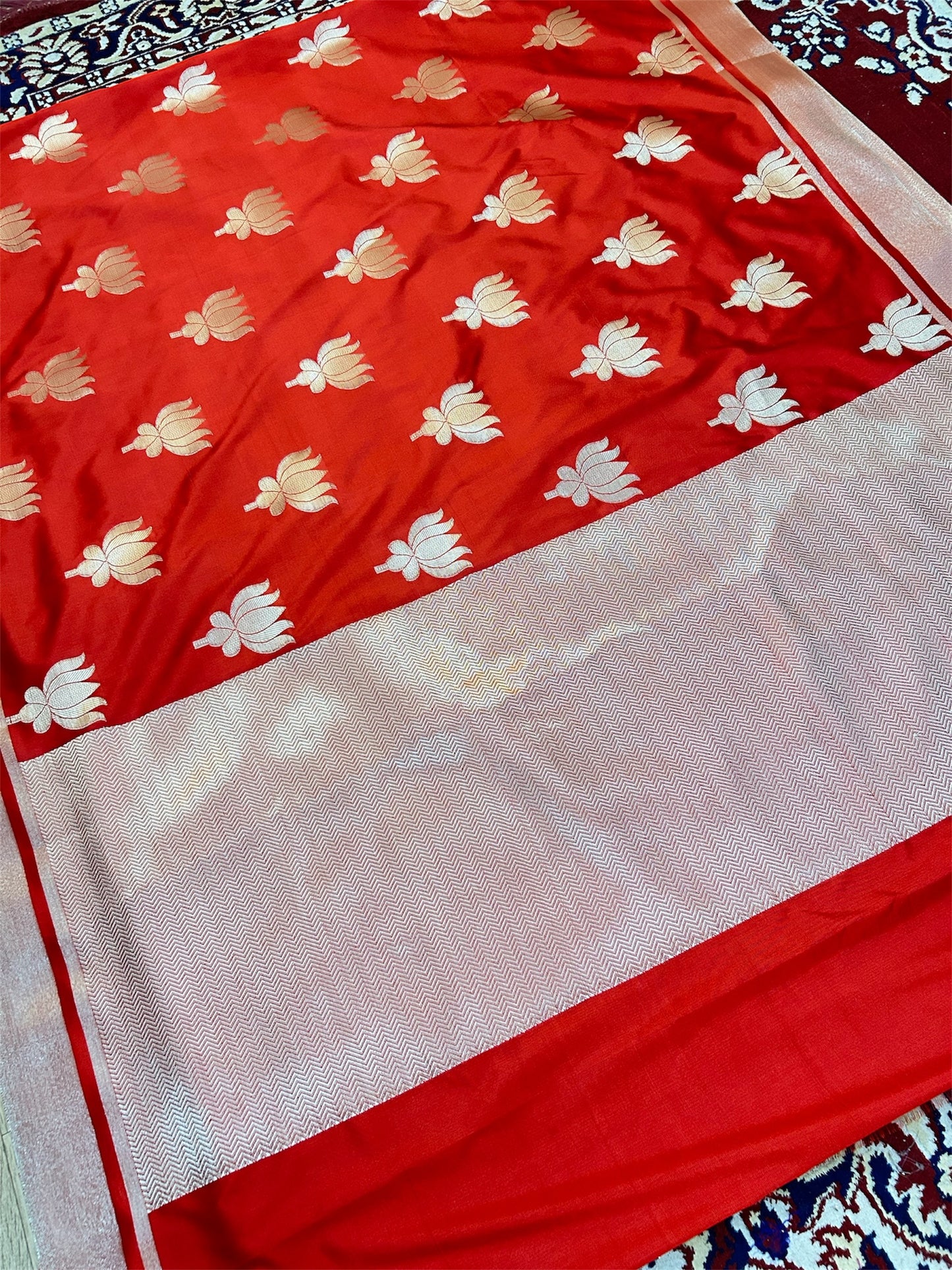 Premium Red Katan Semi Silk Banarasi Saree with Golden Lotus Weaving – Kajol Mam Inspired