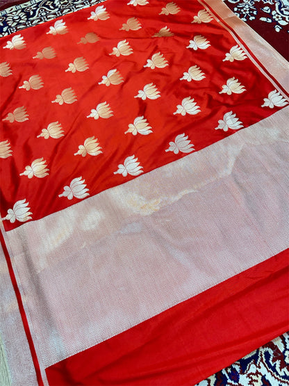 Premium Red Katan Semi Silk Banarasi Saree with Golden Lotus Weaving – Kajol Mam Inspired