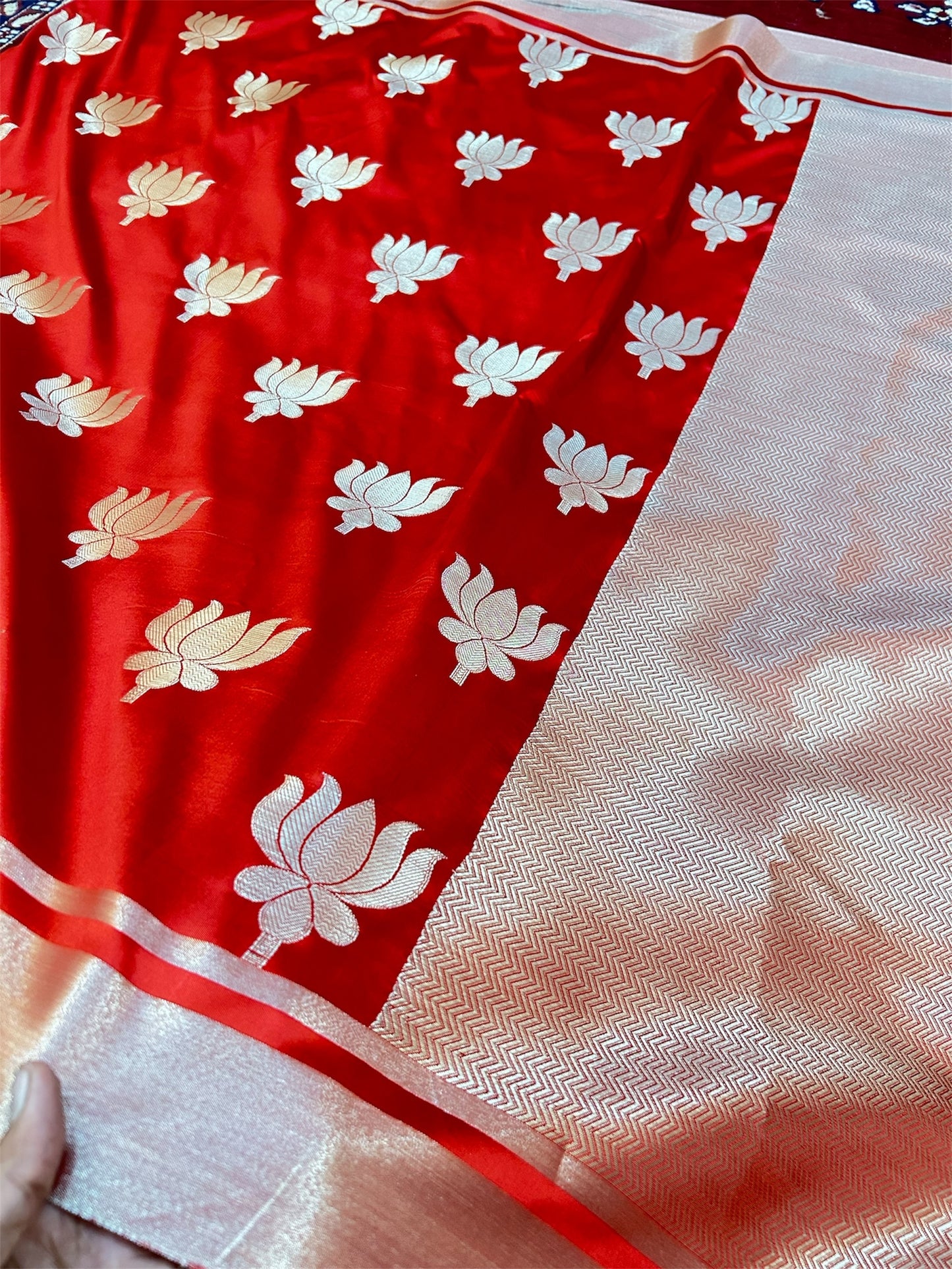 Premium Red Katan Semi Silk Banarasi Saree with Golden Lotus Weaving – Kajol Mam Inspired