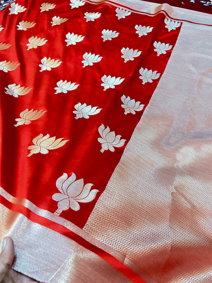 Premium Red Katan Semi Silk Banarasi Saree with Golden Lotus Weaving – Kajol Mam Inspired