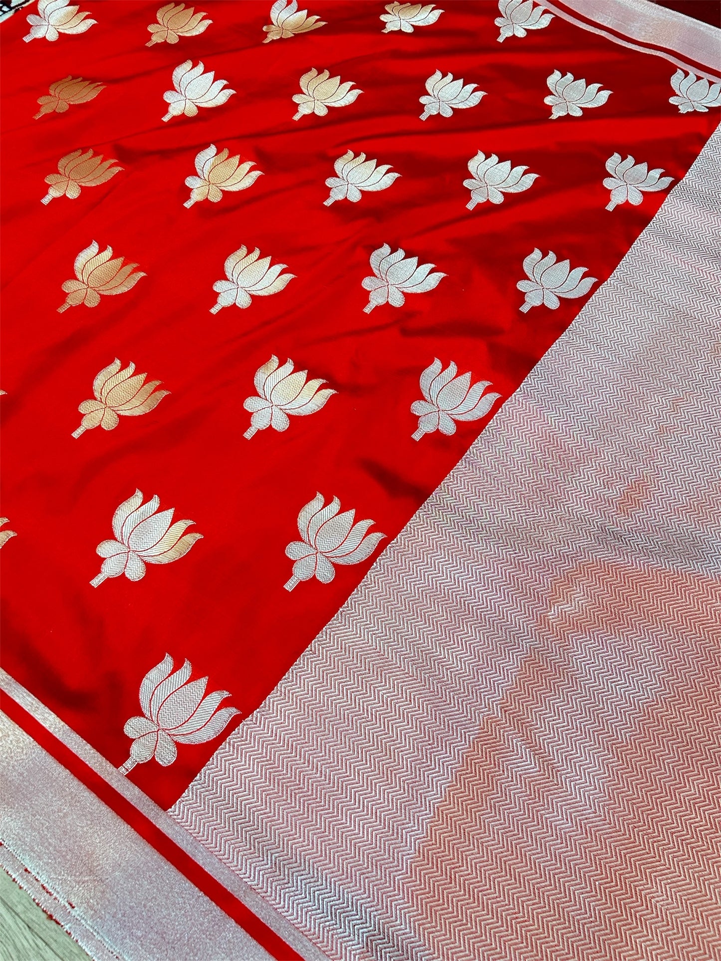 Premium Red Katan Semi Silk Banarasi Saree with Golden Lotus Weaving – Kajol Mam Inspired