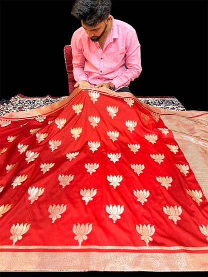 Premium Red Katan Semi Silk Banarasi Saree with Golden Lotus Weaving – Kajol Mam Inspired