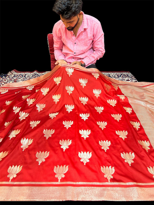 Premium Red Katan Semi Silk Banarasi Saree with Golden Lotus Weaving – Kajol Mam Inspired
