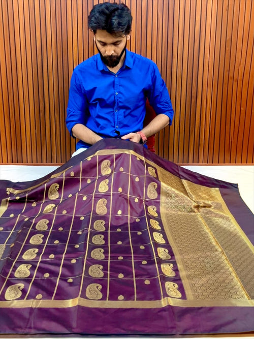 Royal Maroon Banarasi Katan Silk Saree with Golden Paisley Zari Weaving