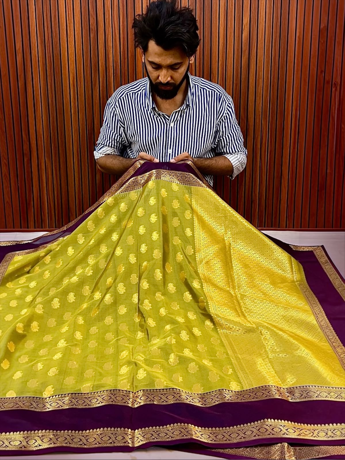 Royal Parrot Green Banarasi Katan Silk Saree with Purple Zari Border