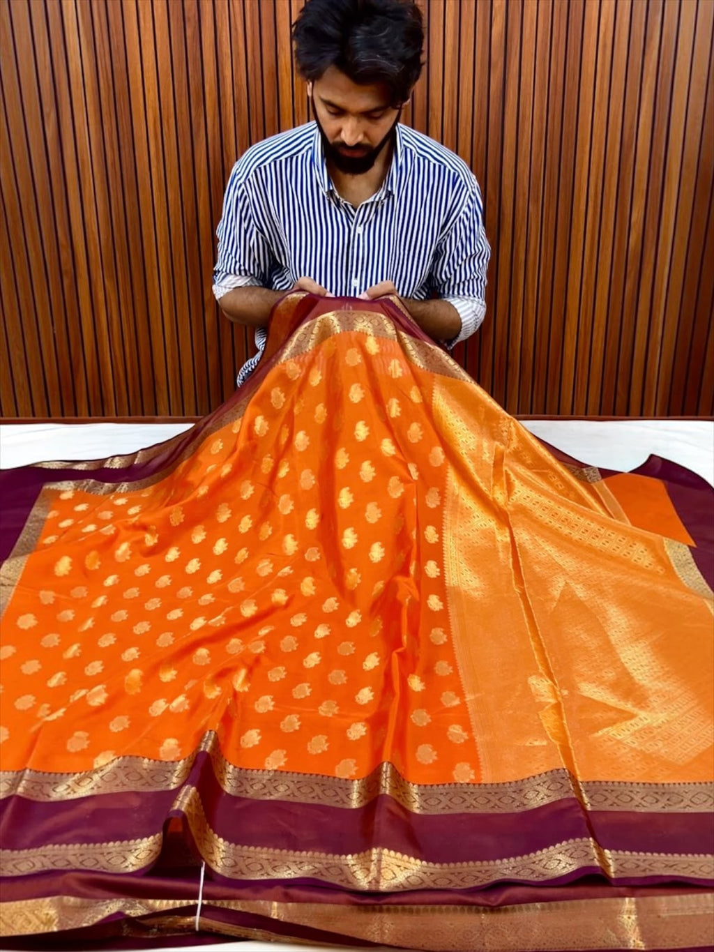 Royal Orange Banarasi Katan Silk Saree with Wine Purple Zari Border