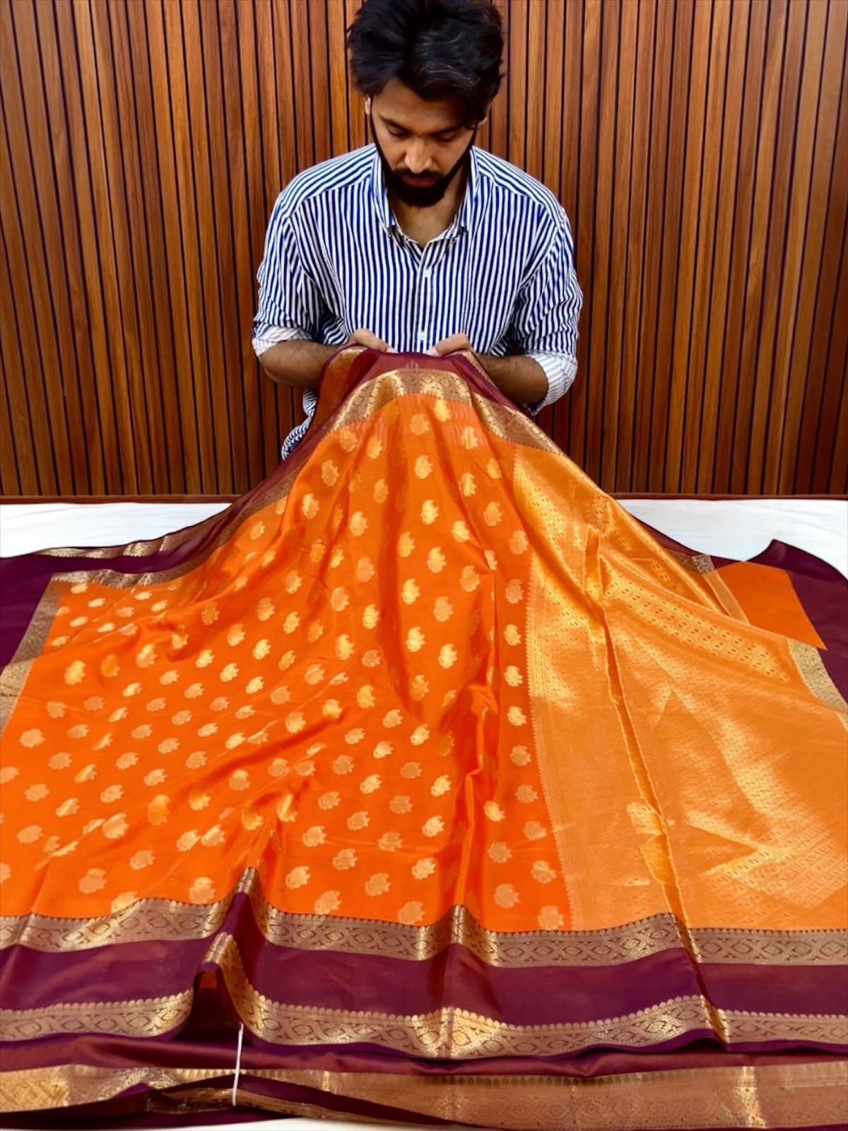Royal Orange Banarasi Katan Silk Saree with Wine Purple Zari Border