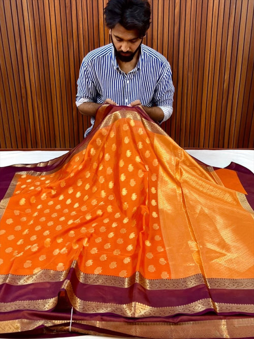 Royal Orange Banarasi Katan Silk Saree with Wine Purple Zari Border
