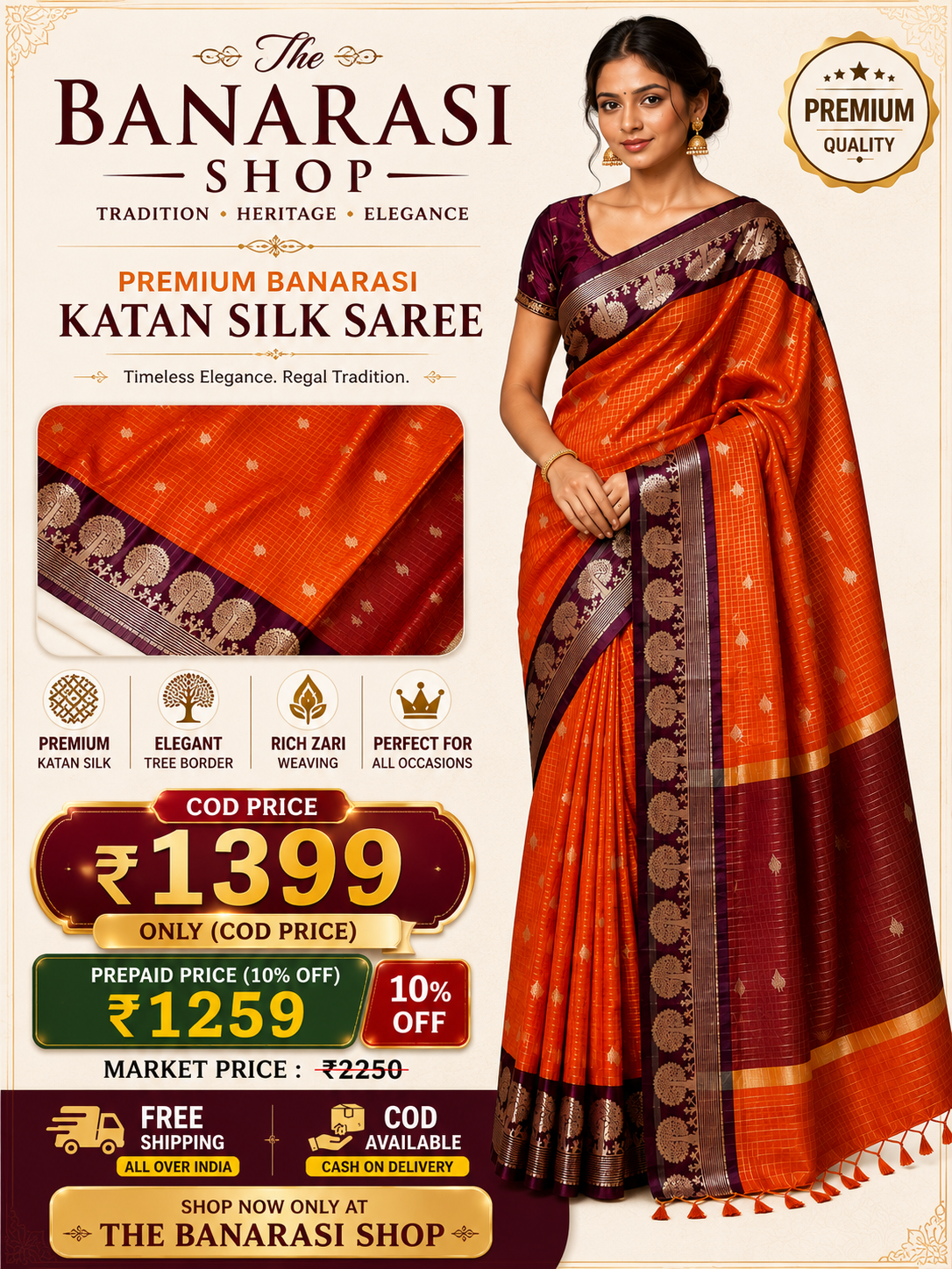 Premium Orange Banarasi Katan Silk Saree
