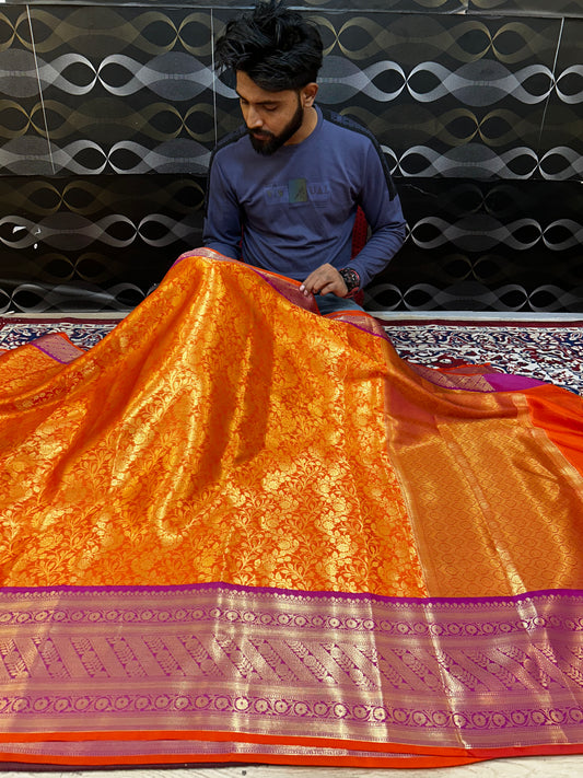 Premium Banarasi Katan Semi Silk Saree – Orange with Pink Zari Border | Bridal & Festive Wear