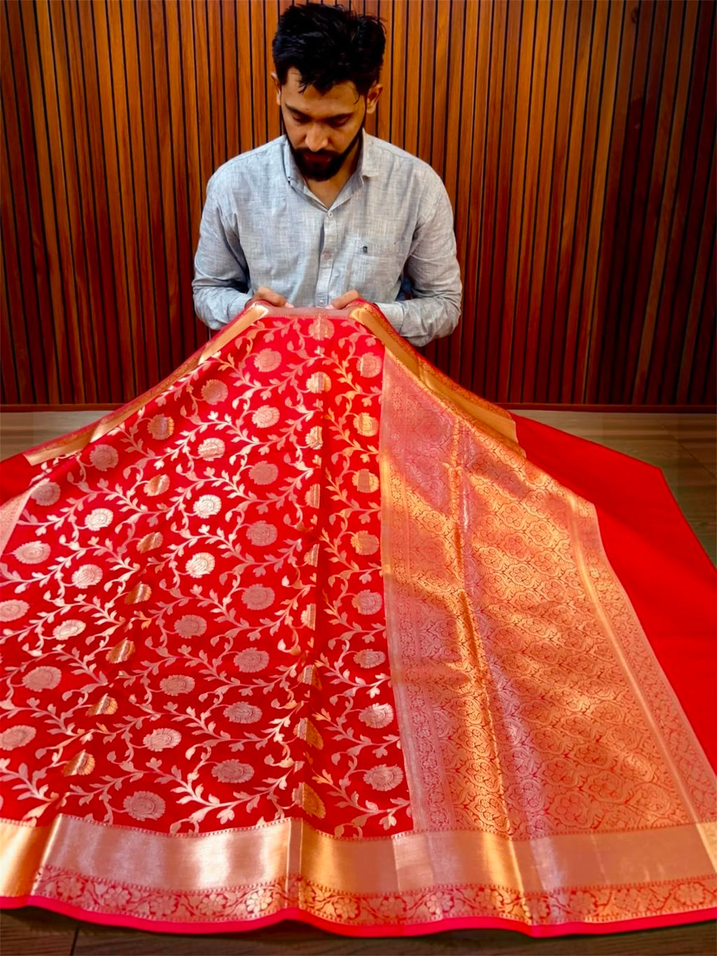 Royal Red Banarasi Katan Semi Silk Saree with Rich Golden Zari Floral Jaal Weaving