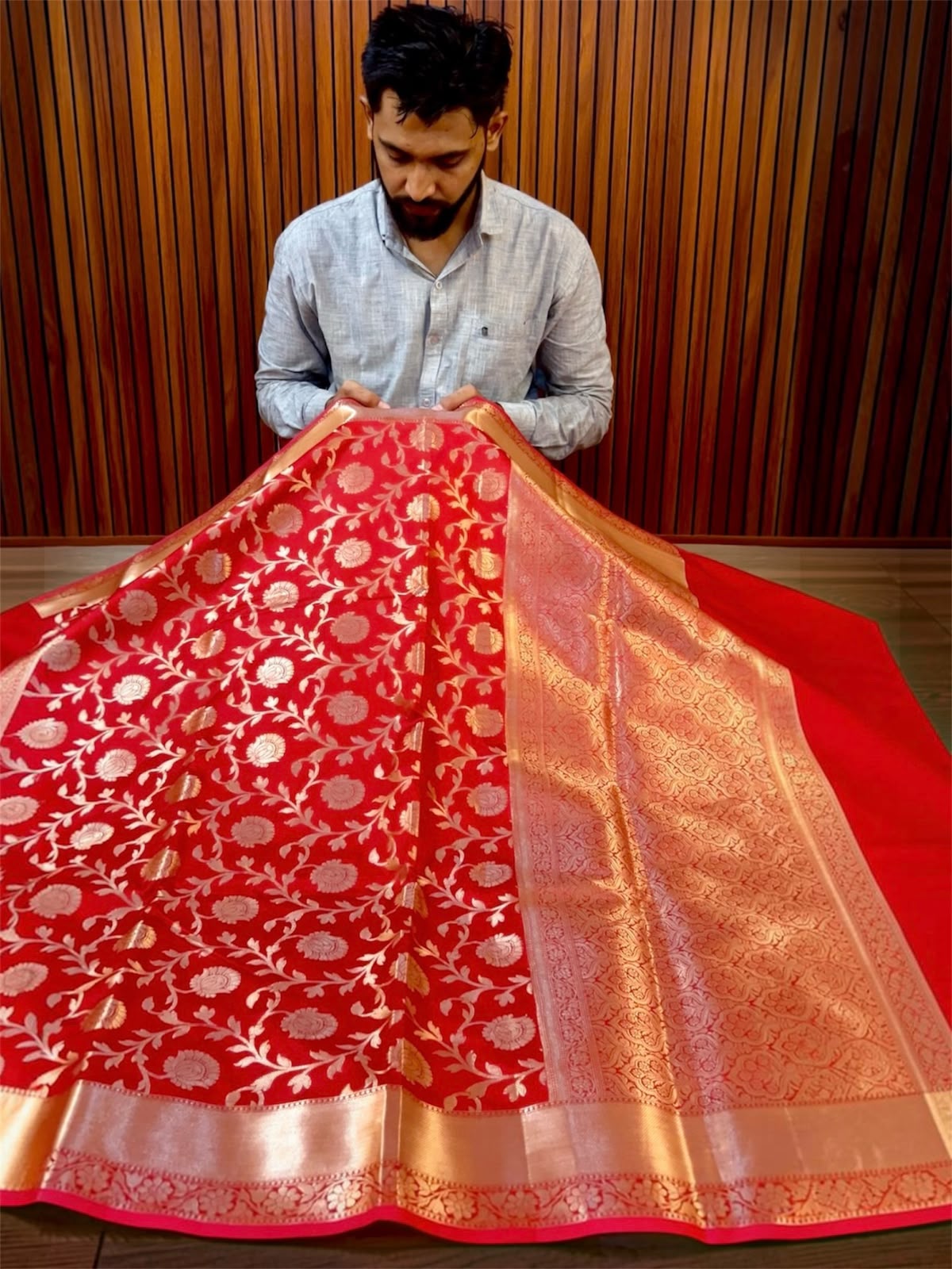 Royal Red Banarasi Katan Semi Silk Saree with Rich Golden Zari Floral Jaal Weaving